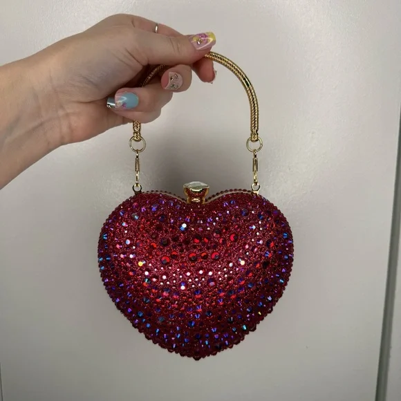 Ramla Amour Raspberry Pink Rhinestone Heart Clutch Evening Bag  $189 New - Picture 3 of 9